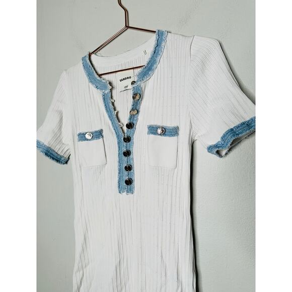 SANDRO Alecia White Blue Ribbed Raw Denim Hem Gold Buttons Dress Size Small - Picture 6 of 11
